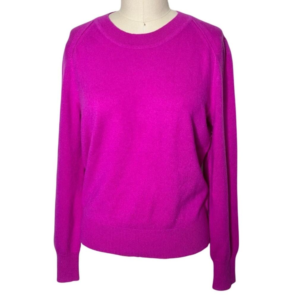 Aqua Cashmere Large Magenta Pink Puff Shoulder Crewneck Sweater 100% Cashmere